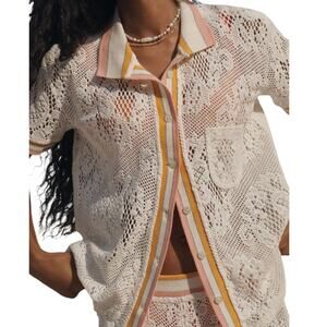 Maaji Flowery Crochet Lana Long Shirt Button Front White Orange Pink Medium NEW